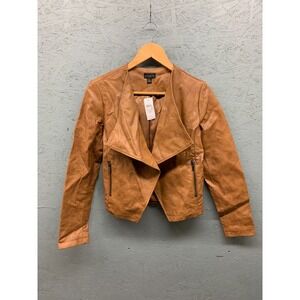 Ann Taylor Factory‎ Brown Faux Leather Jacket XS Women's Open Front Zip Pocket